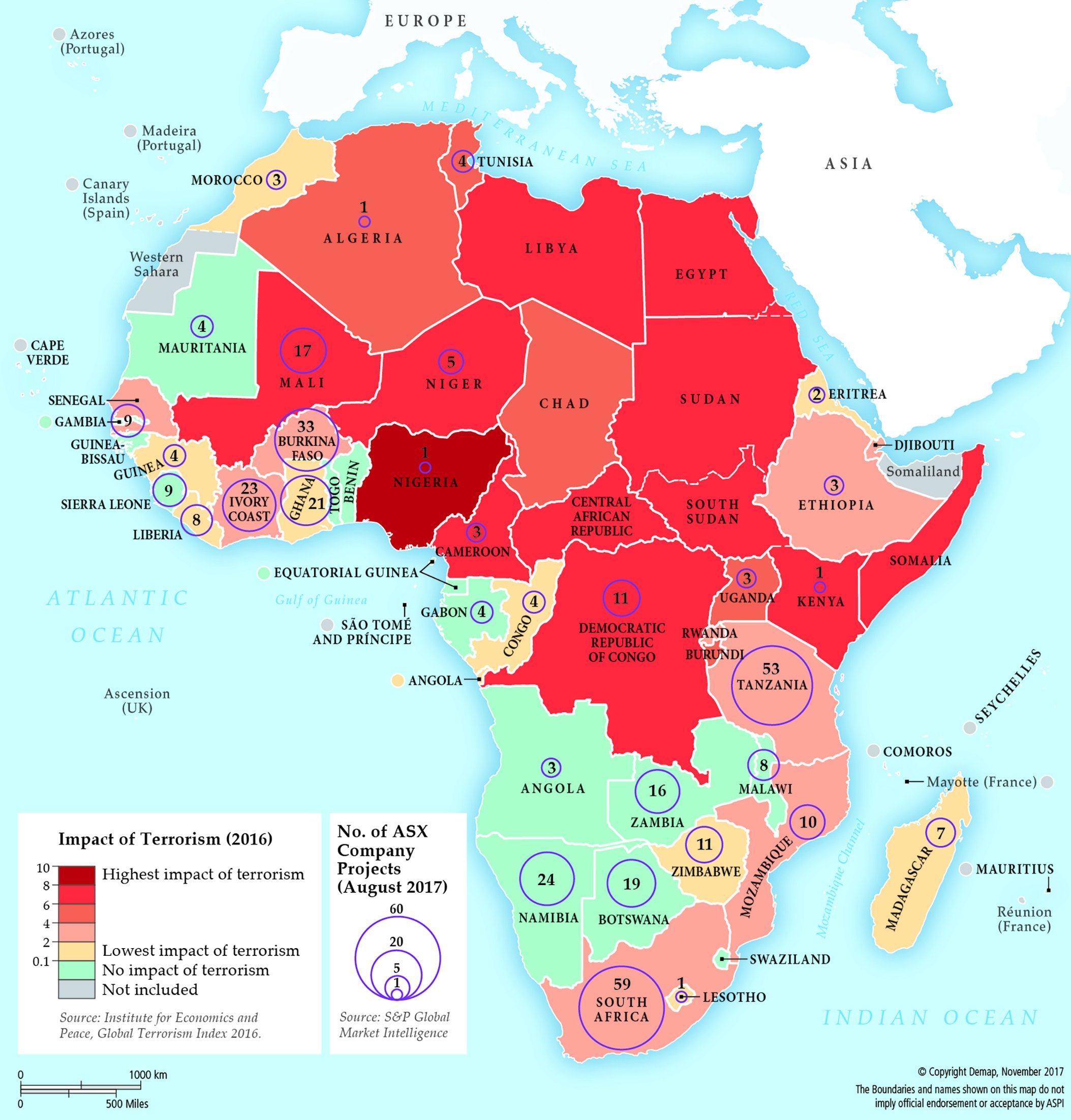map showing Number of ASX mining companies vs. Impact of terrorism in Africa
