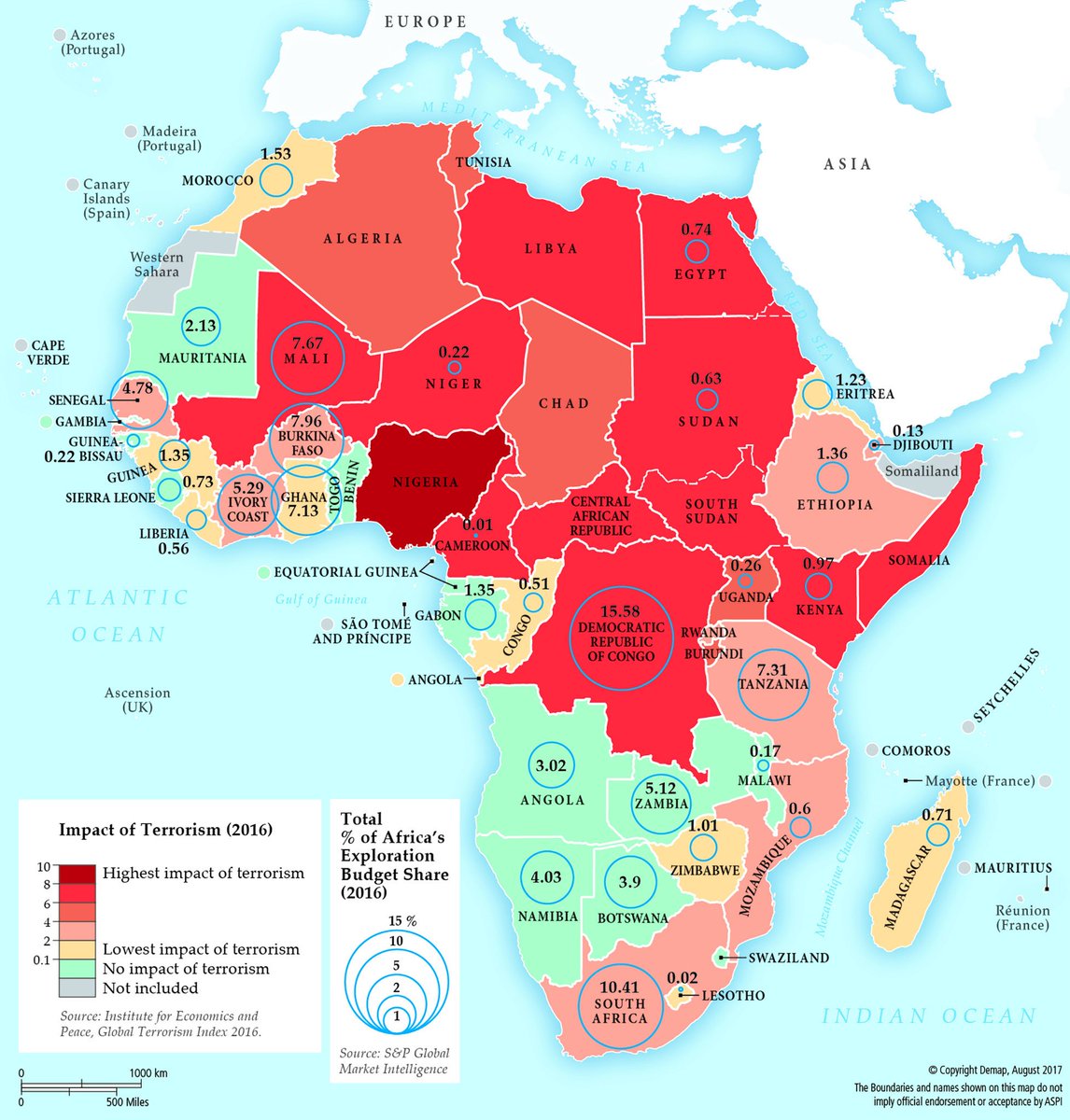 map showing Total % of Africa’s exploration budget vs. Impact of terrorism in Africa